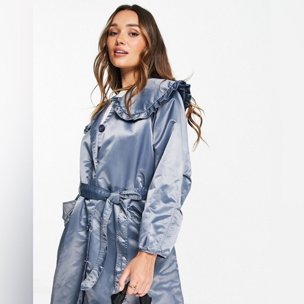 NWT GOSPELL Oversized Longline Coat Blue Satin Finish Chic Minimalist Luxury - Picture 3 of 7